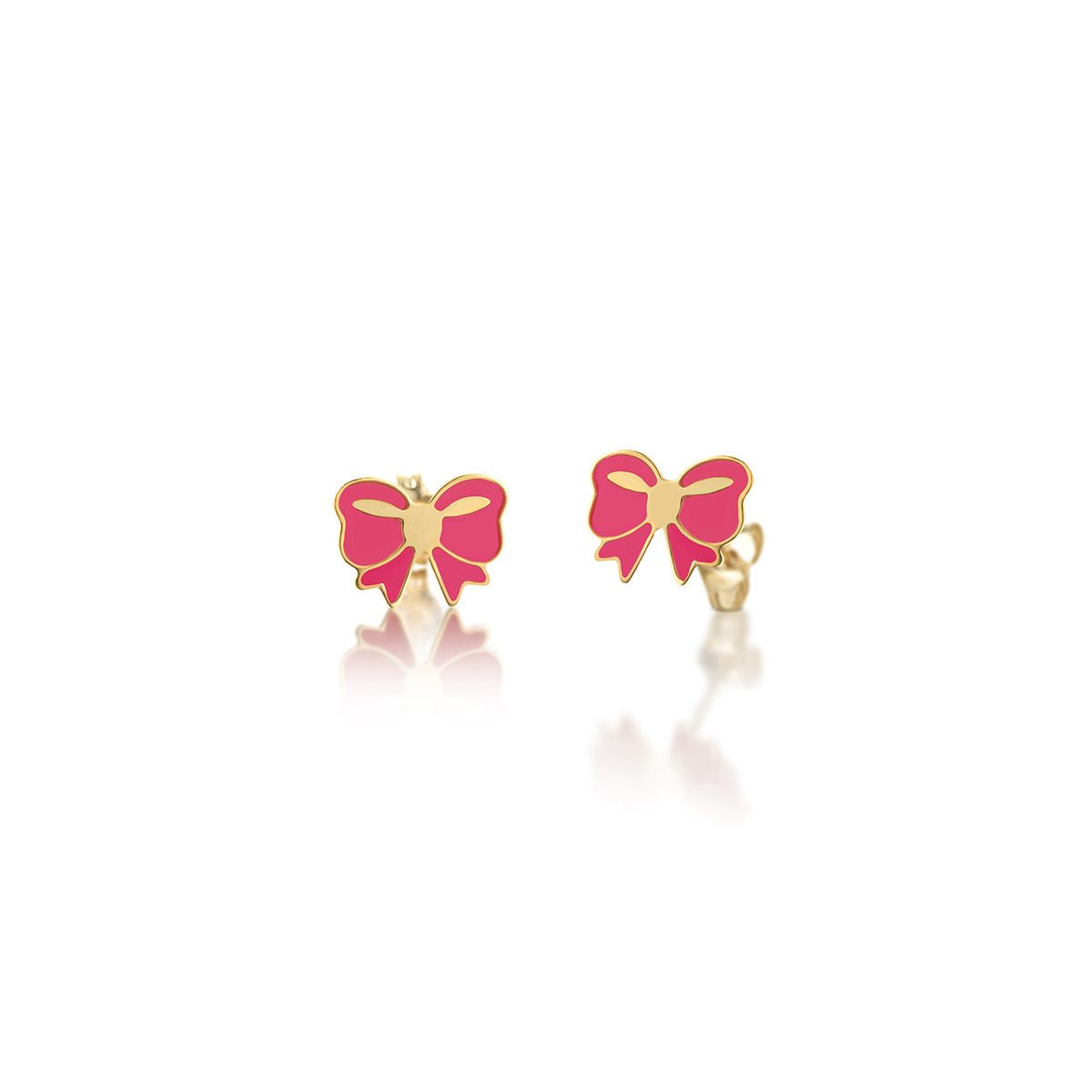 questa è l'immagine degli orecchini in oro 9 carati e smalto rosa a forma di fiocco
