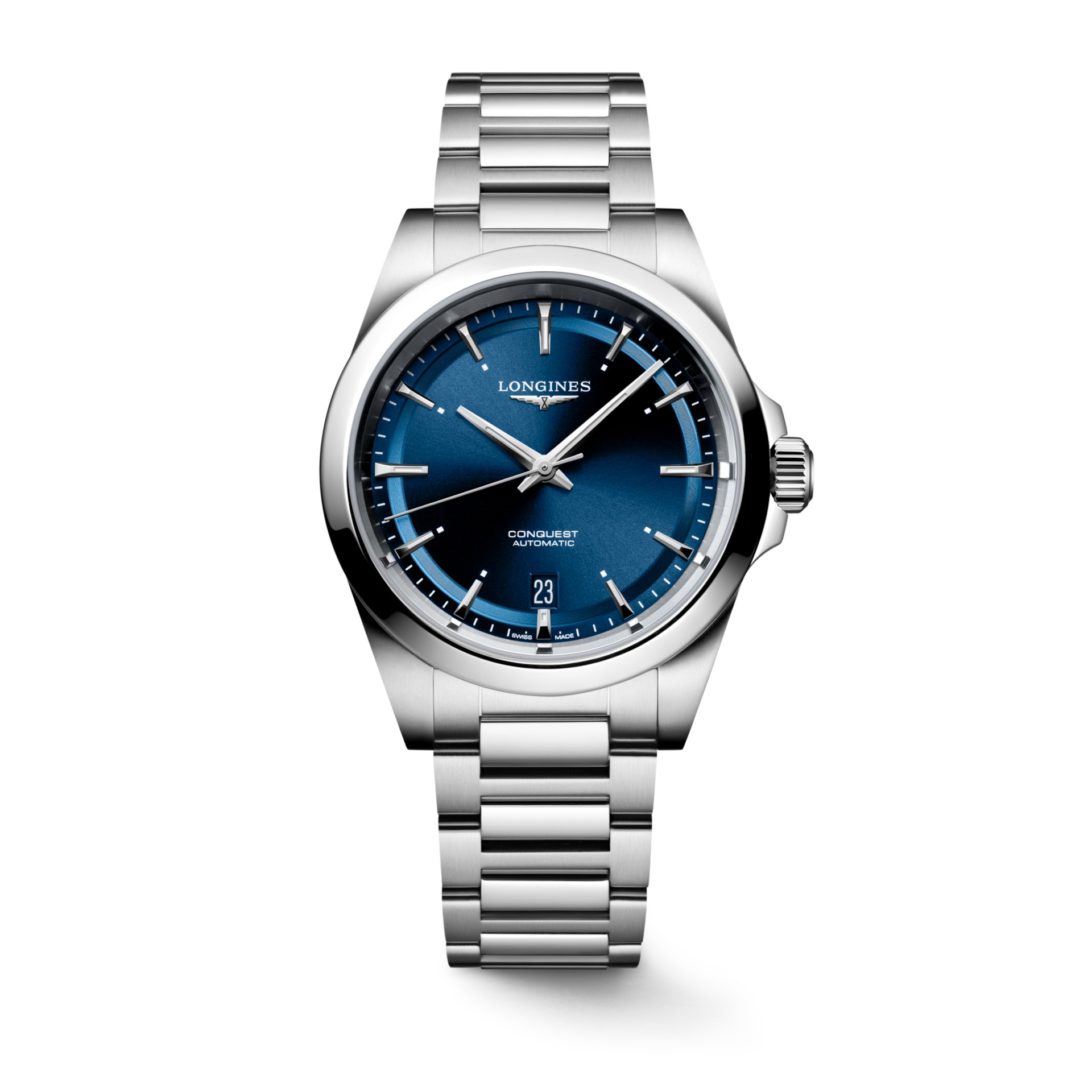 Questa è l'immagine frontale dell'orologio longines conquest con quadrante blu di mm 38