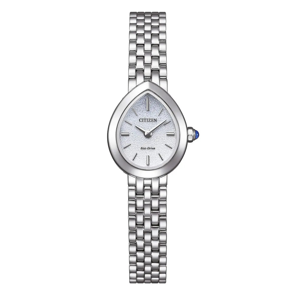 Questa &egrave; l'immagine frontale dell'orologio citizen lady con quadrante bianco sfumato e cassa a goccia di mm 19,7