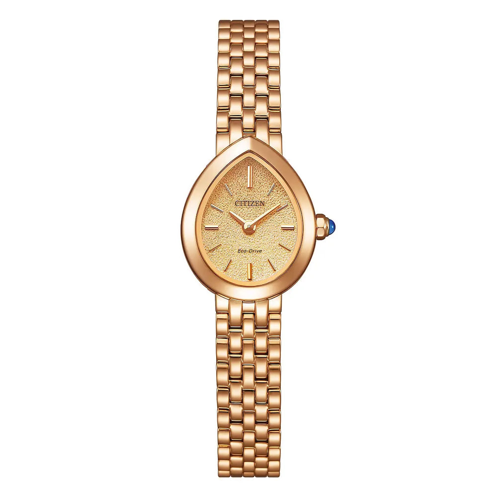 Questa &egrave; l'immagine frontale dell'orologio citizen lady con quadrante rosa sfumato, pvd oro rosa e cassa a goccia di mm 19,7
