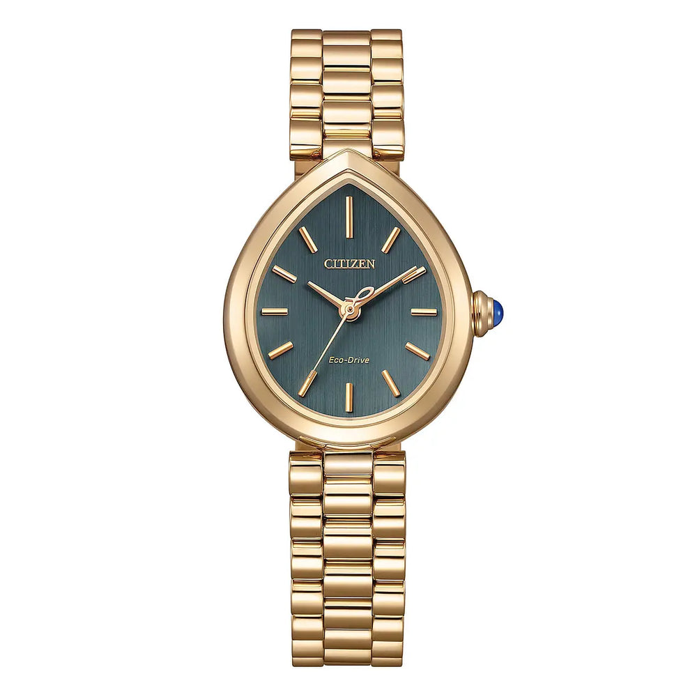 Questa &egrave; l'immagine frontale dell'orologio citizen con quadrante verde, realizzato in pvd oro rosa e cassa di mm 31 con movimento eco drive e vetro zaffiro