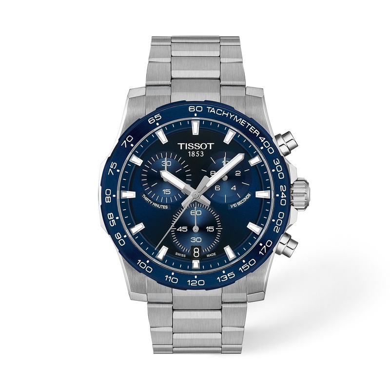 Questa &egrave; l'immagine frontale dell'orologio tissot supersport chrono con quadrante blu, cassa di mm 42 e movimento al quarzo