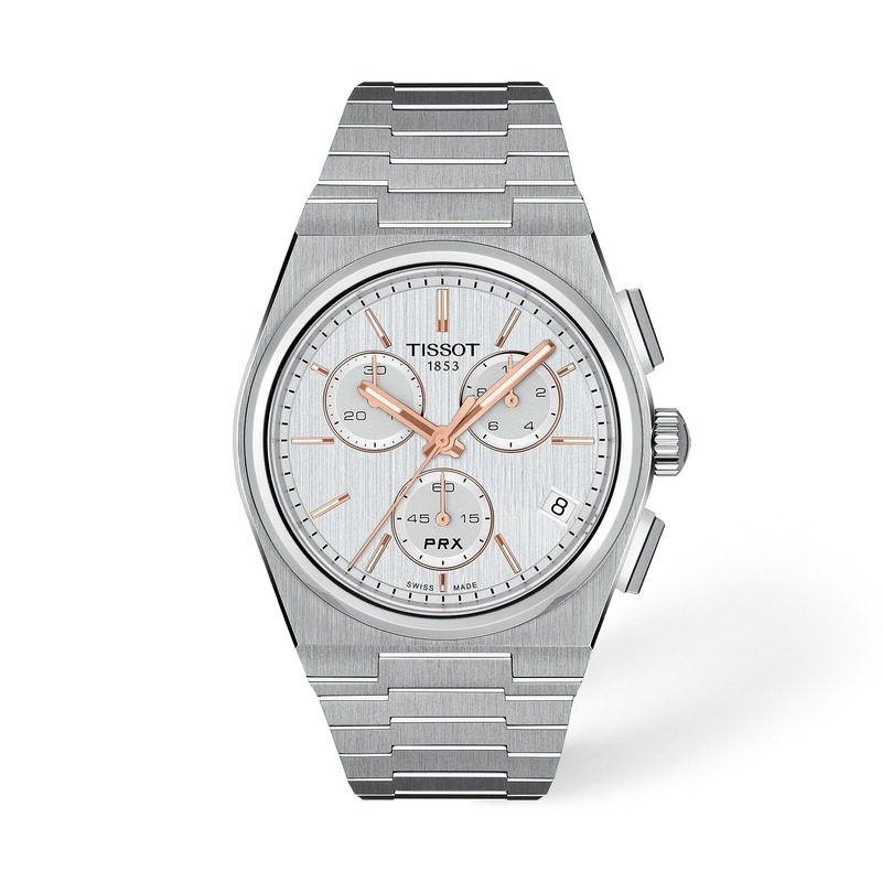 Questa &egrave; l'immagine frontale dell'orologio tissot prx con quadrante argento con indici rosati, cassa di mm 41 e movimento al quarzo