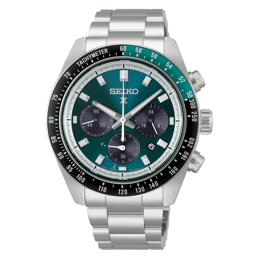 Questa &egrave; l'immagine frontale dell'orologi seik prospex speedtimer chrono solar con quadrante verde e nero e movimento al quarzo