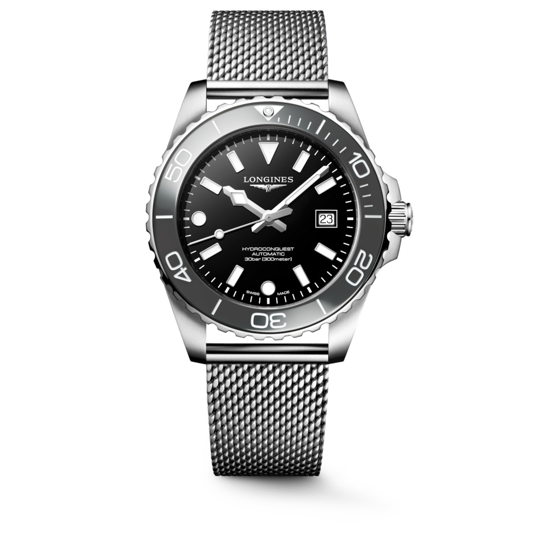 Questa &egrave; l'immagine frontale dell'orologio longines hydroconquest automatico con quadrante nero laccato lucido e cassa di mm 42