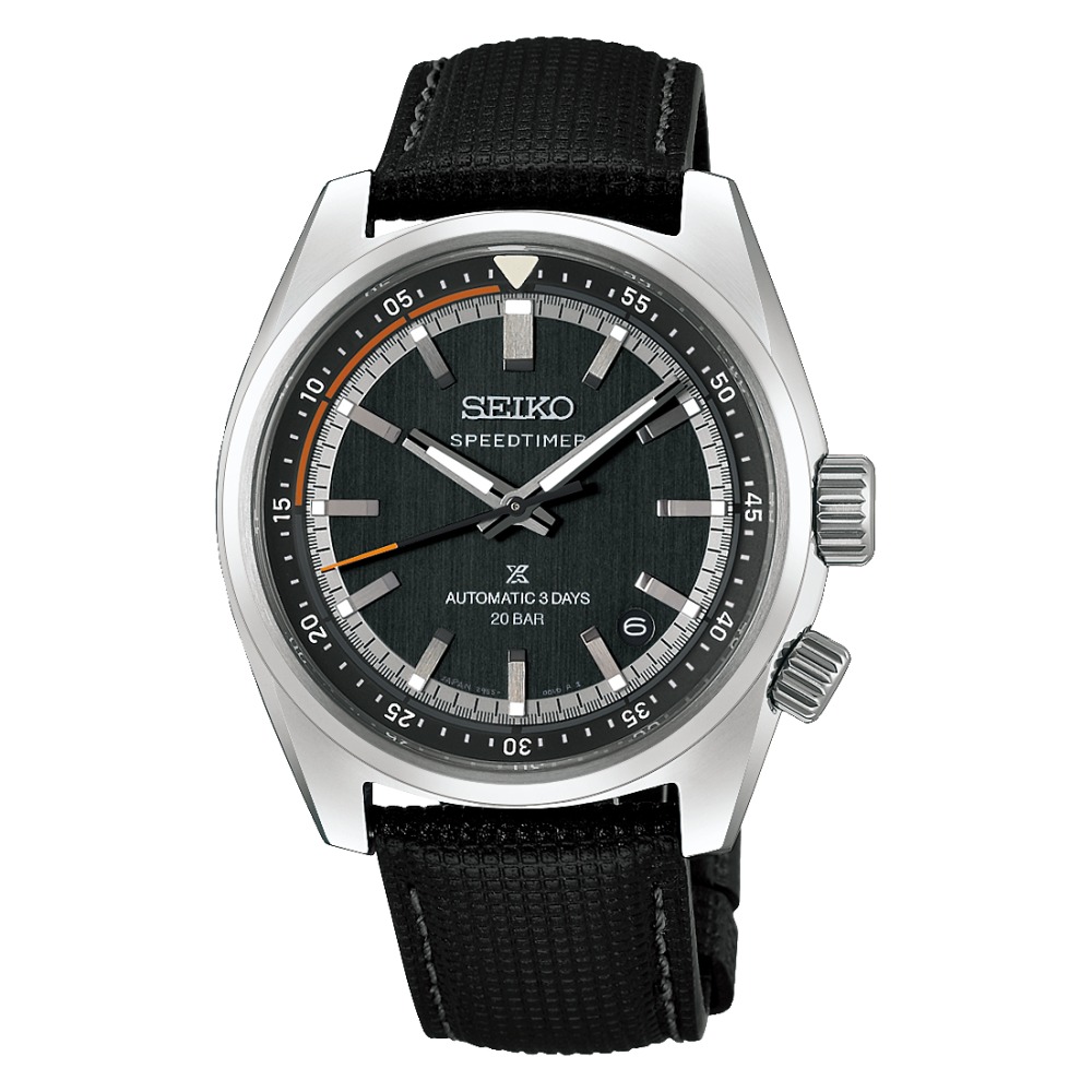 Questa &egrave; l'immagine frontale dell'orologio seiko prospex speedtimer con quadante nero, cinturino pelle e movimento automatico